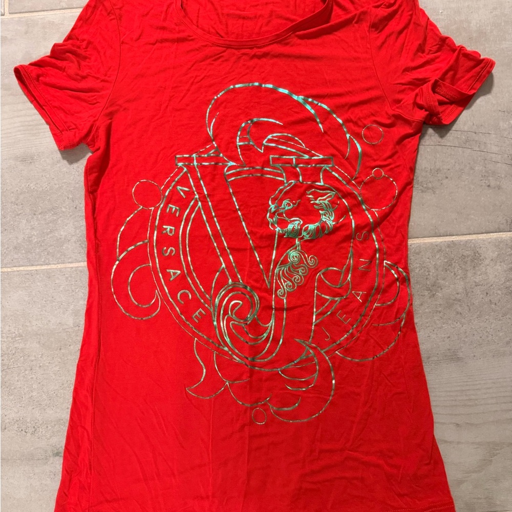 New Versace Red Tee with Green metallic Graphic